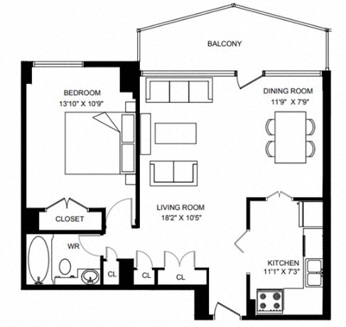 Floor plan layout diagram for 1K